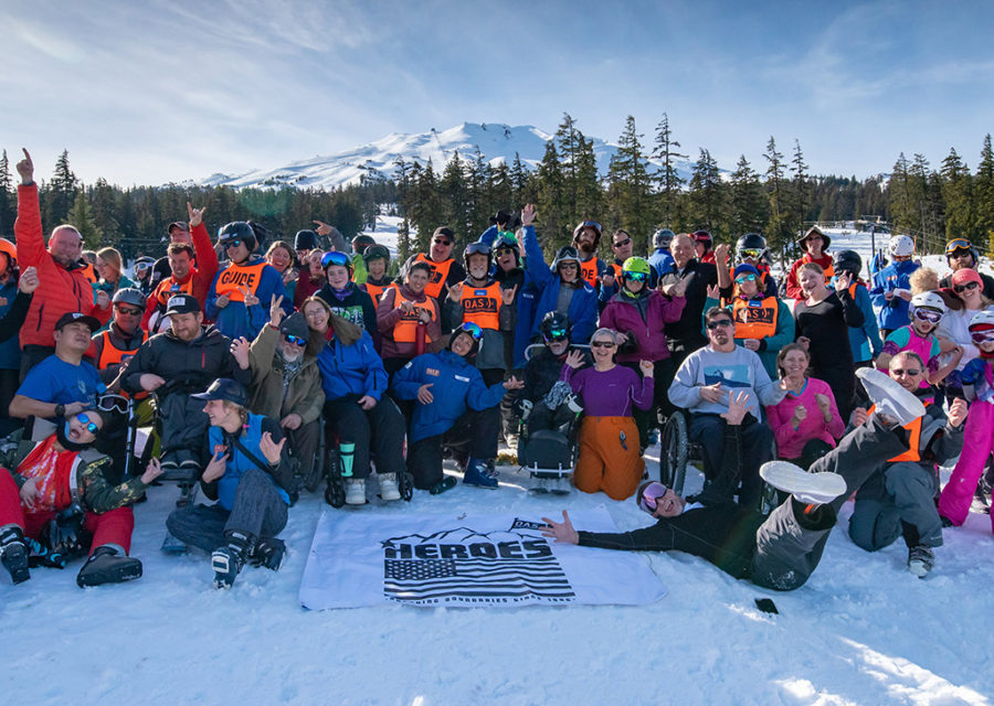 group shot of skiers of all abilities at heroes veterans event on mt bachelor