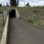 paved path goes downhill and into tunnel