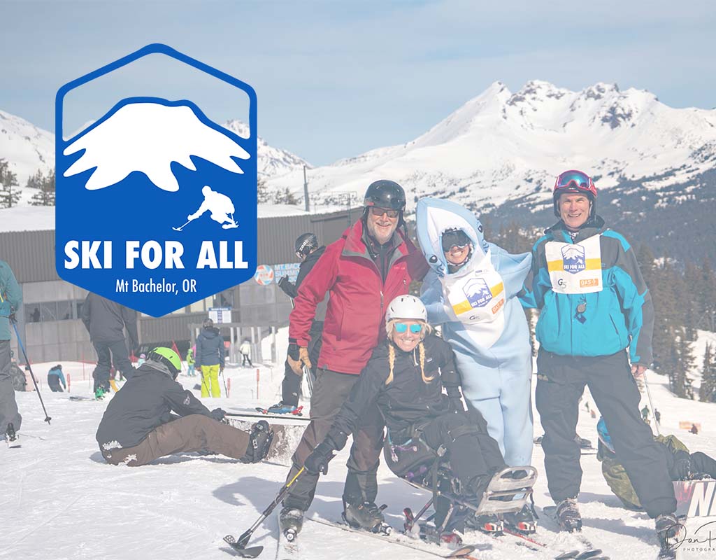 Group of skiers of all abilities and the Ski For All logo