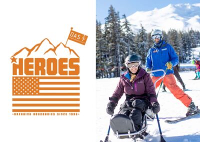 Heroes logo and a photo of a sit skier