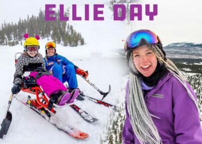 A sit skier with an OAS instructor and a photo of Ellie Bartlett