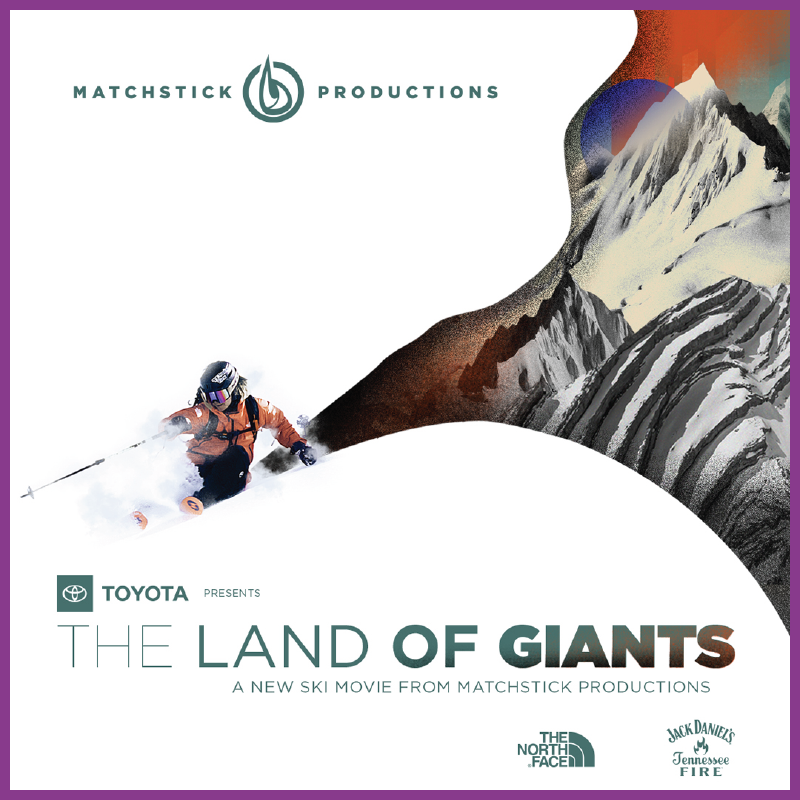 Film promotional media for The Land of Giants. The background is white with a skier opening to a mountainous scenery.