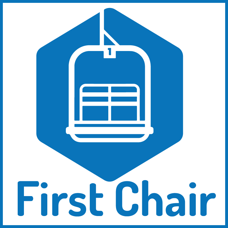 Text: First Chair Event logo is centered which is a ski left outlined on a blue hexagon.