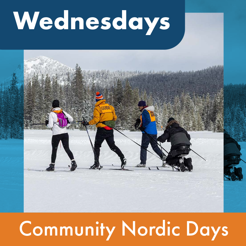 Text: Wednesdays, community nordic days. Photo features three OAS volunteers and along them an athlete using a nordic sit-ski frame