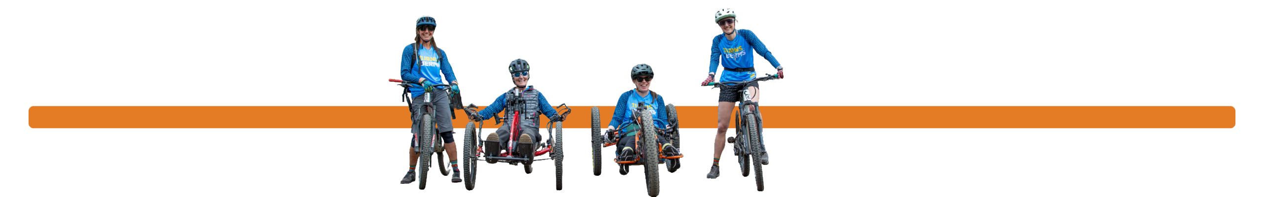 Orange bar with two adaptive mountain bikers and OAS volunteers on mountain bikes.