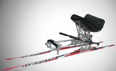two nordic skis under the adjustable frame to accommodate the user