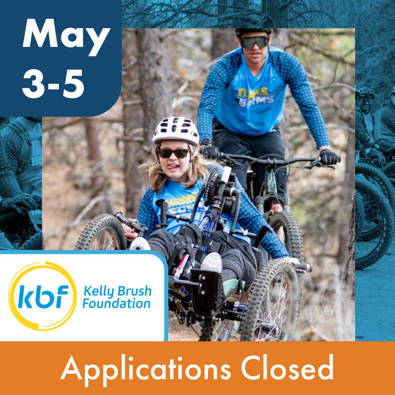 May 3-5, KBF logo, multi-day sport adventure. Adaptive mountain biker blazing down a trail with a volunteer spotting from behind. Applications Closed.