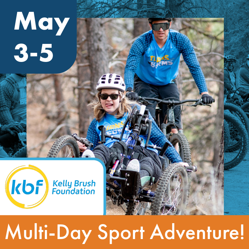 May 3-5, KBF logo, multi-day sport adventure. Adaptive mountain biker blazing down a trail with a volunteer spotting from behind.