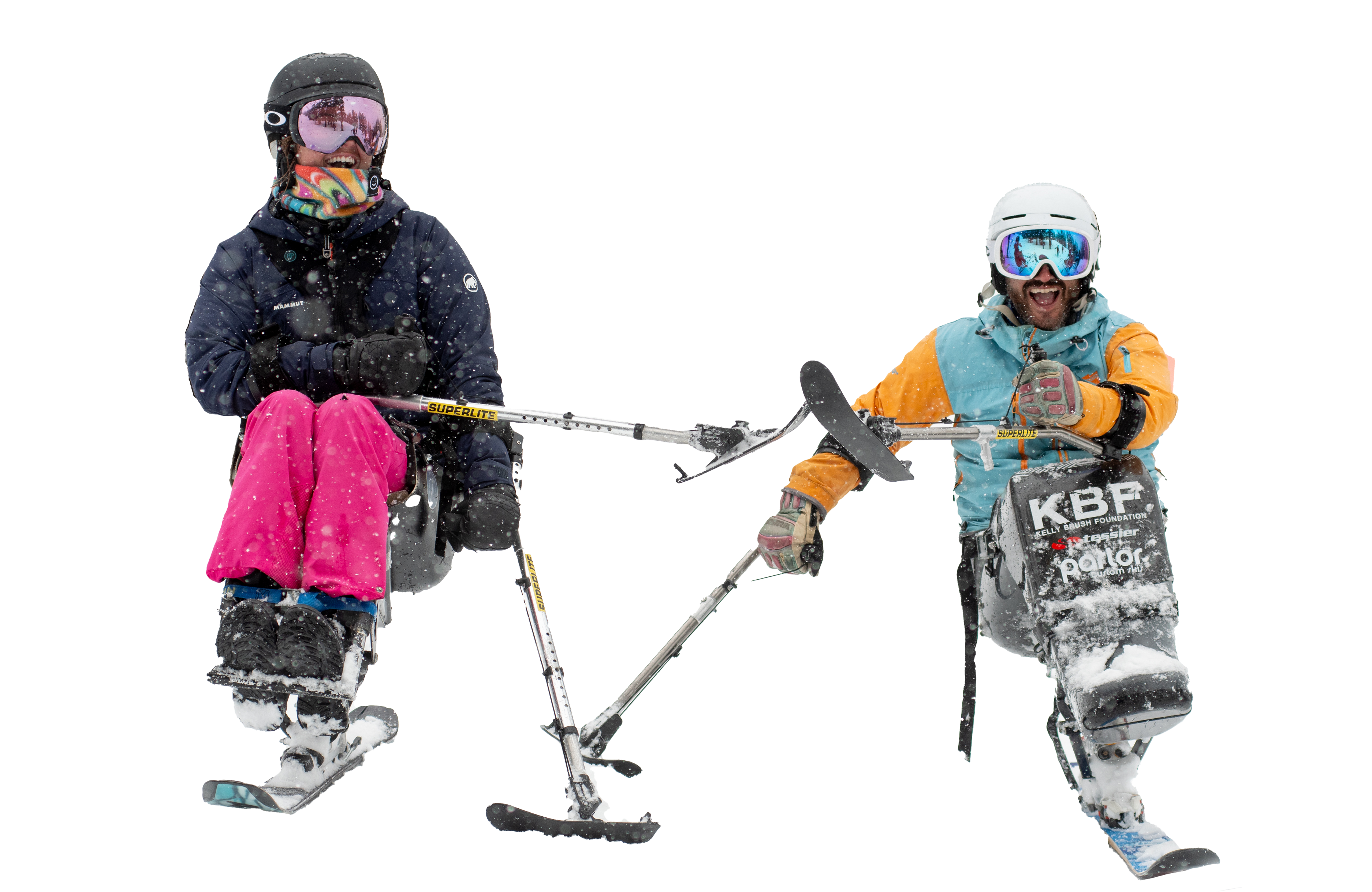 Two sit-skiers use their outriggers to high-five and are smiling/laughing as the snow comes down