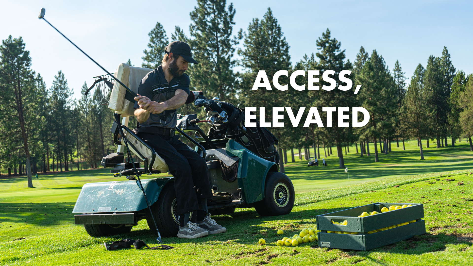 A golfer using an adaptive golf cart swings his golf club. Text reads "ACCESS, ELEVATED"
