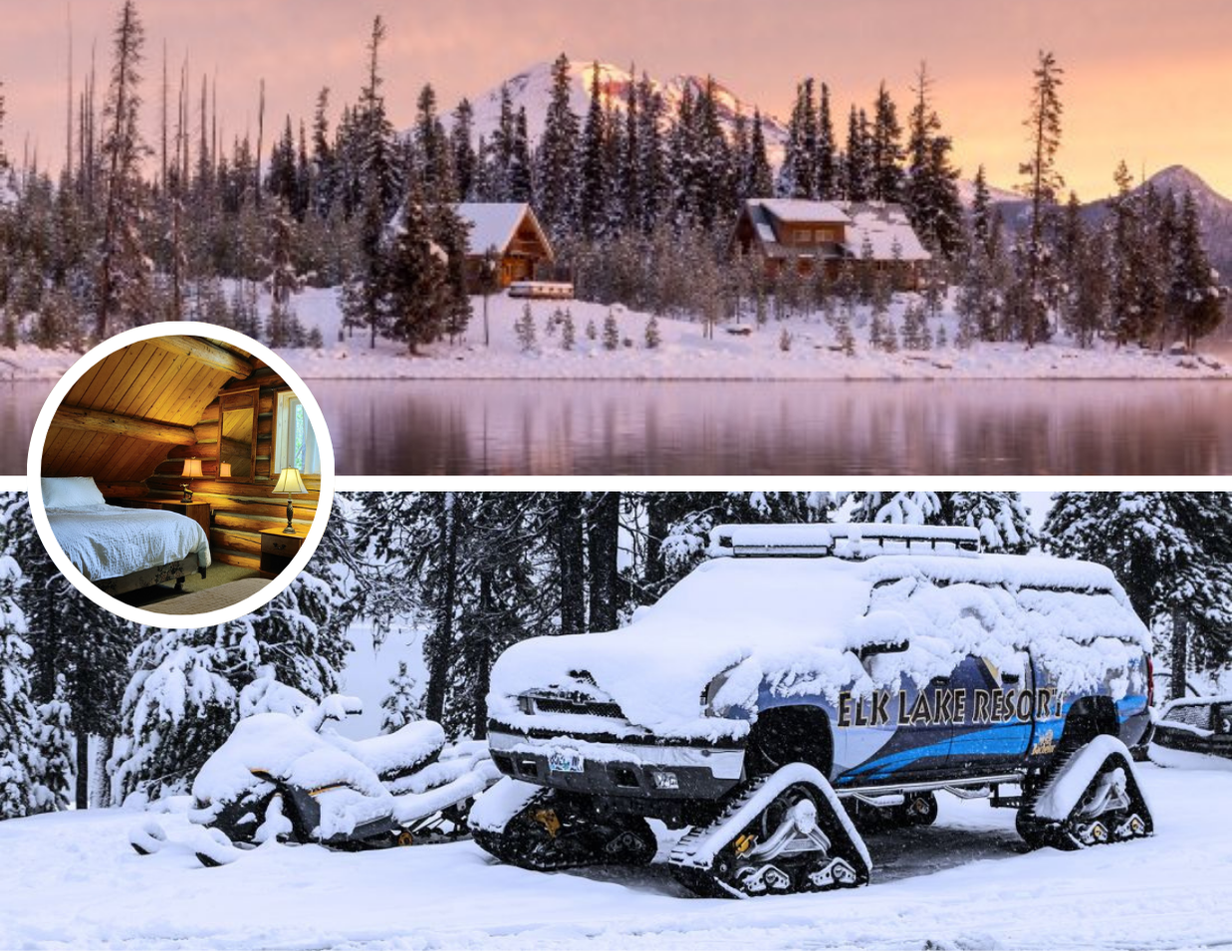 top: sunset over elk lake in winter. Bottom: a snowcat in the snow