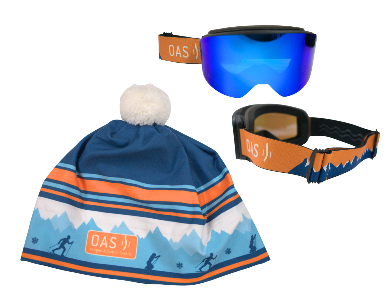 an O-A-S branded nordic beanie and two images of O-A-S branded ski goggles