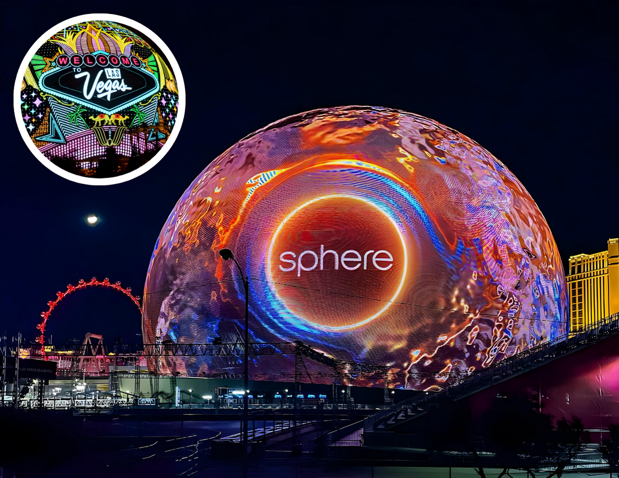 an image of the las vegas sphere at night with an insert of the welcome to las vegas sign