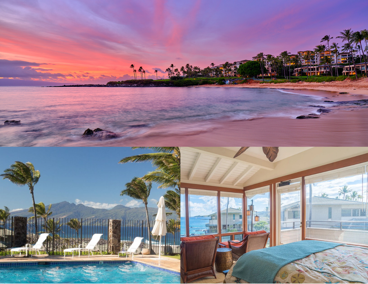 top: a pink and purple sunset. Bottom: a pool with the ocean in the background, and a view from the condo bedroom