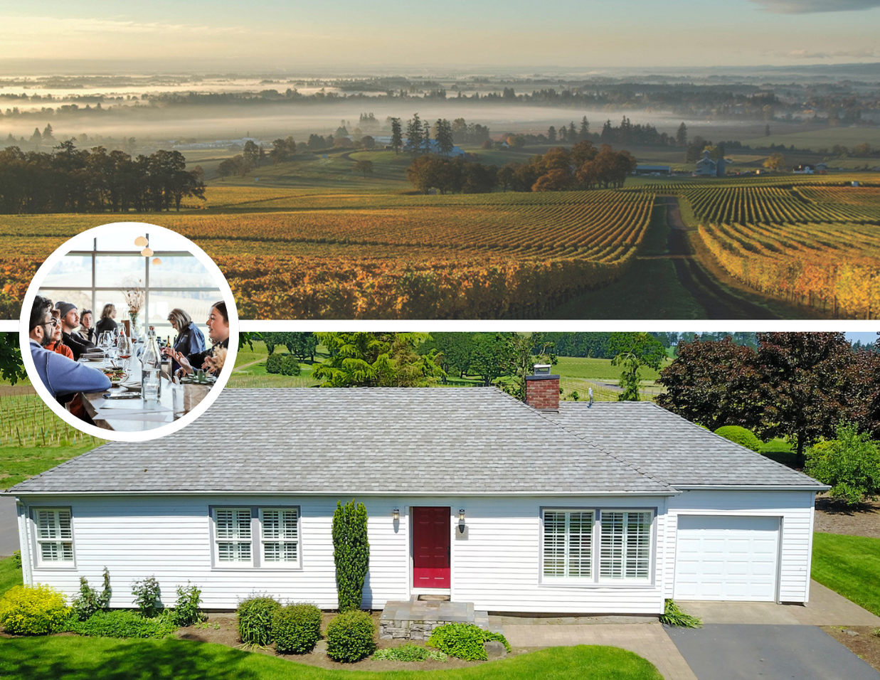 top: the Stoller vinyard from the sky. bottom: the white stoller cottage