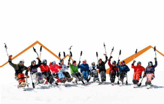 a group of mono skiers pose on flat snow with their outriggers in the air. Behind them is the Orange O-A-S zigzag