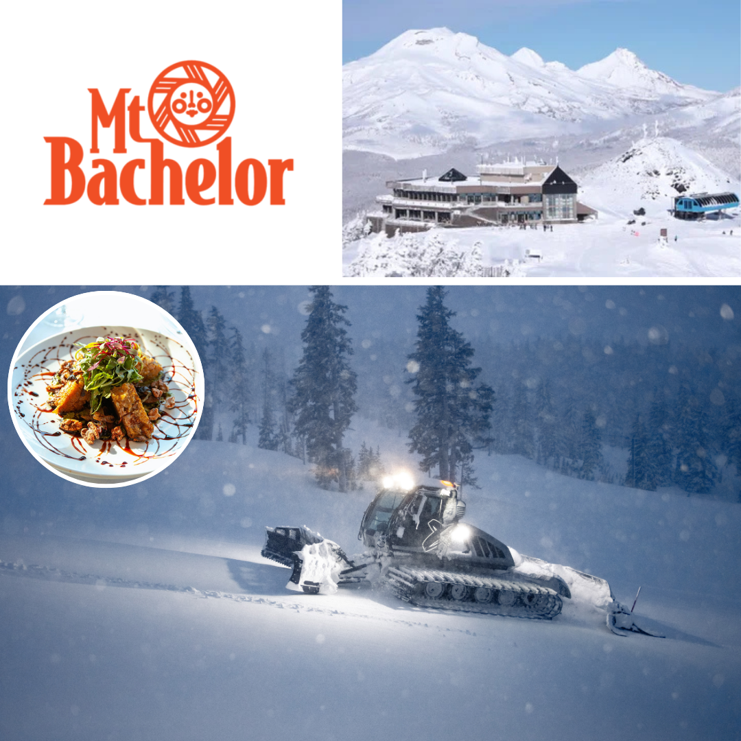 Top left: mt bachelor logo, rop right: pine marten lodge in the snow. Bottom: a snowcat making its way uphill at night