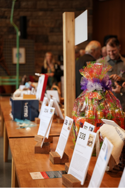 a view of the silent auction packages on display.