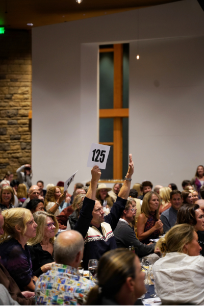 a shot of the live auction action: several bidder cards can be seen in the air in the background, while bidder card 125 is in the foreground. The bidder is wearing a knit sweater with white and red on it, and holds both of his hands in the air.