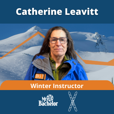 Catherine, a white woman with curly dark brown hair and glasses. Text: Catherine Leavitt, she/her. Winter Instructor, bachelor