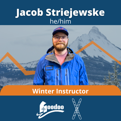 Jacob, a white man with reddish brown facial hair, wears a purple O-A-S hat. Text: Jacob Striejewske, he/him. Winter instructor, hoodoo