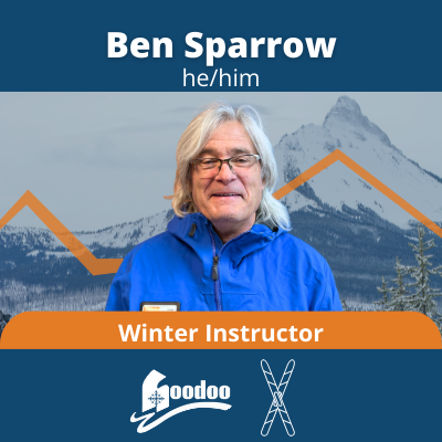 Ben, a white-passing man with shoulder length white hair and glasses. Text: Ben Sparrow, he/him. Winter Instructor, hoodoo