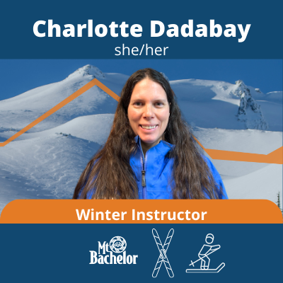 Charlotte, a white woman with long, dark curly hair. Text: Charlotte Dadabay, she/her. Winter Instructor, bachelor
