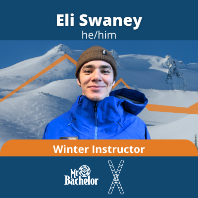 Eli, a white man wiht dark brown hair, brown eyes, and is wearing a brown beanie. Text: Eli Swaney, he/him. Winter Instructor, bachelor