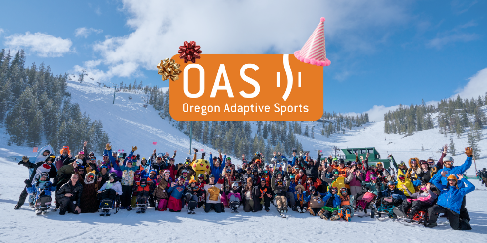 the orange O-A-S logo has a pink party hat and two bows on it. background shows a large celebratory group photo at hoodoo.