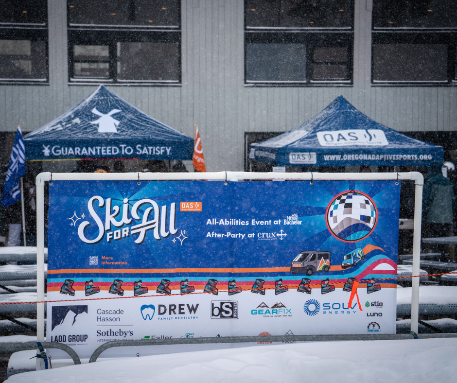a blue banner with a white "Ski For All" logo and information about 2024 sponsors.