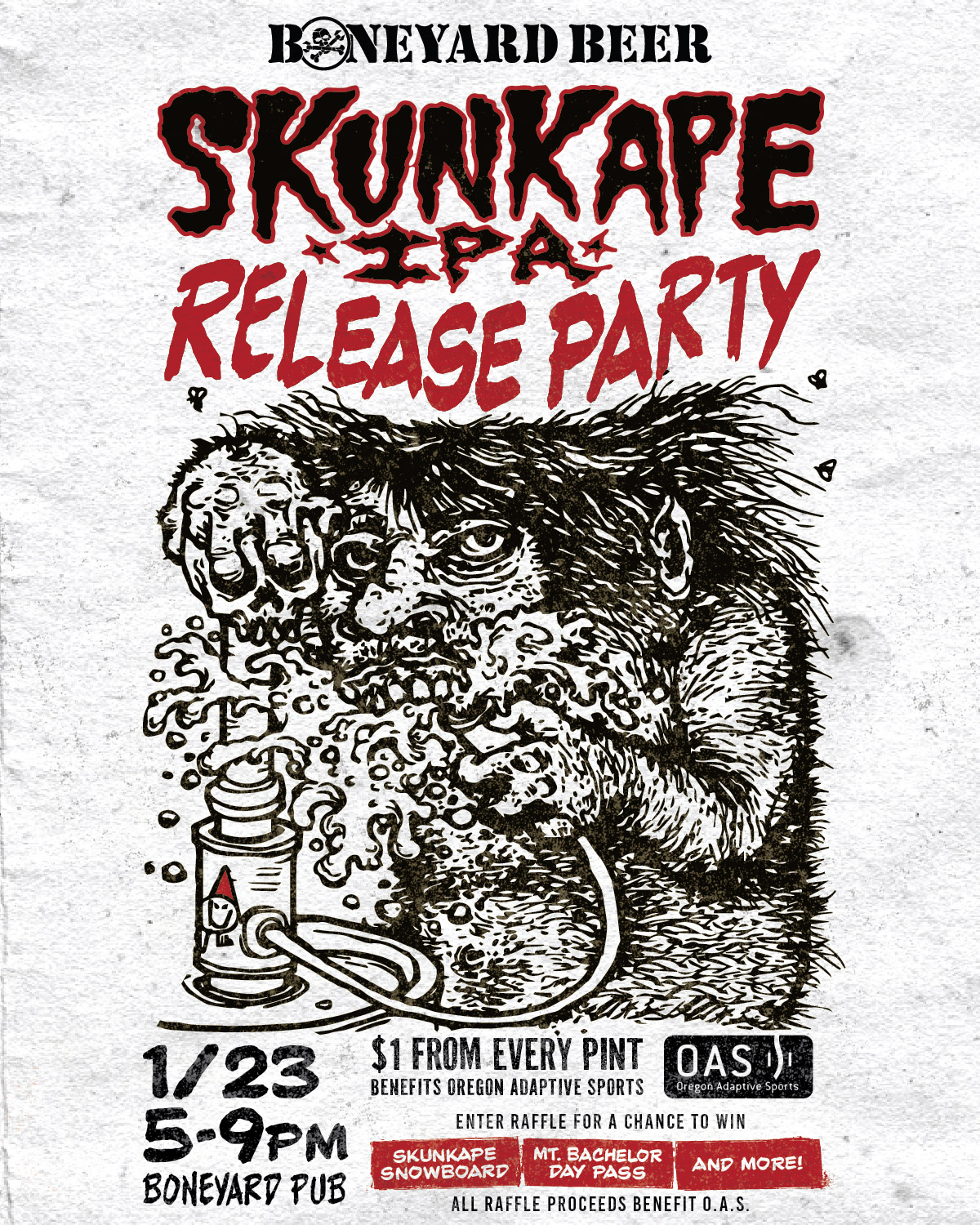 A poster showing all evetn information listed in this page. image is a drawing of a sasquatch-like being drinking from a keg.