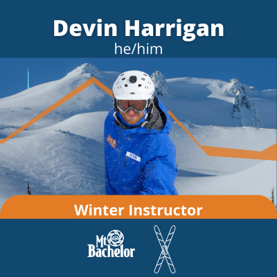 Devin, a man with a red beard and white helmet. Text: Devin Harrigan, he/him. Winter Instructor, bachelor