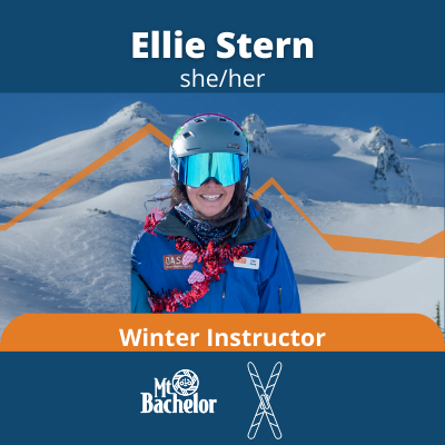 Ellie, a woman with brown hair and a grey helmet. Text: Ellie Stern, she/her. Winter instructor, bachelor