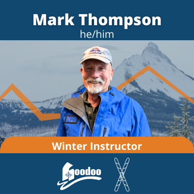 Mark Thompson, a white man with white facial hair and a light baseball cap. Text: Mark Thompson, he him. Winter instructor, hoodoo