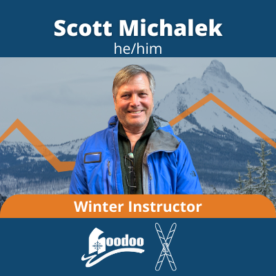 Scott, a white man with silver hair and facial hair. Text: Scott Michalek, he/him. Winter instructor, hoodoo