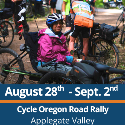 Friday, June 19th. Cycle Oregon Road Rally Applegate Valley. A person wearing a helmet and a bright pink jacket sits in a handcycle and looks toward the camera, with other cyclists and bikes visible behind them through a yellow overlay.