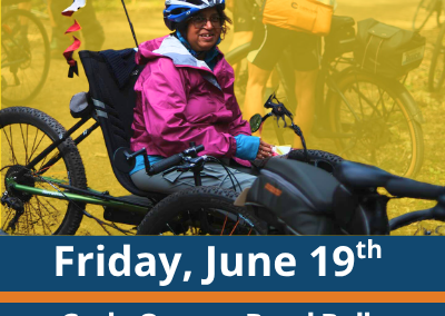 Friday, June 19th. Cycle Oregon Road Rally Application Due Date. A person wearing a helmet and a bright pink jacket sits in a handcycle and looks toward the camera, with other cyclists and bikes visible behind them through a yellow overlay.