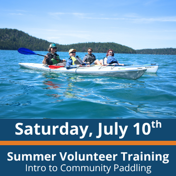 Outdoor water setting; a group paddles on a lake using adaptive kayaks while volunteers stand nearby assisting; boats are spaced across the water with paddles in motion; text at the bottom reads “Saturday, July 18th,” “Summer Volunteer Training,” and “Intro to Community Paddling.”