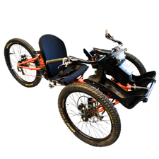 An orange and black adaptive mountain bike with three wheels - two in front one in rear. There are hand cranks between the steering bars, and a black seat cushion.