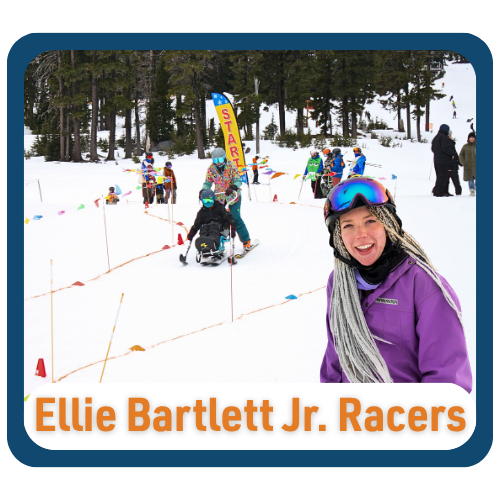 Graphic with text reading “Ellie Bartlett Jr. Racers.” Below the title, a person wearing a purple ski jacket and mirrored goggles smiles toward the camera on a snowy mountain. Snow-covered trees and a mountain peak are visible in the background.