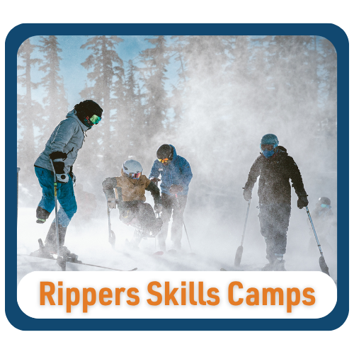 Graphic with text reading “Rippers Skills Camps.” Four skiers and snowboarders gather on a snowy slope during a winter storm. One participant uses a sitski while others stand nearby with skis and outriggers as snow blows across the scene.