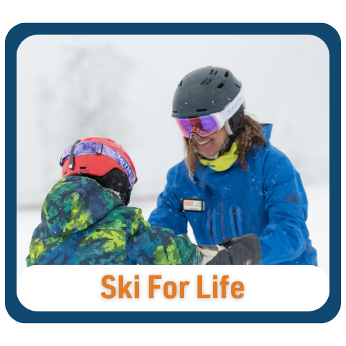 Graphic with text reading “Ski For Life.” An instructor wearing a blue jacket, helmet, and mirrored goggles smiles while assisting a young skier in a colorful jacket. Snow falls around them on a snowy slope.