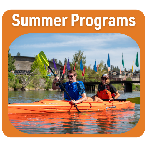 orange box surrounding a photo of two people paddling with text 'Summer Programs' above.