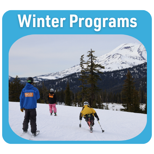 Blue box surrounding an image of three skiers, with text 'Winter Programs' above.