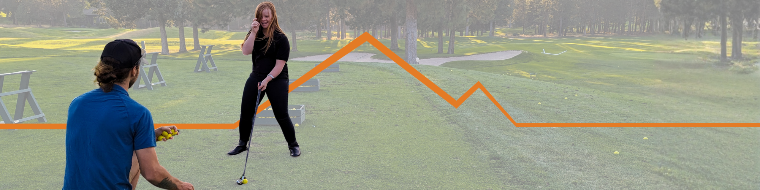 A golfer practices a swing on a driving range while receiving instruction. Golf balls and practice stations are visible across the course, and an orange trail-shaped graphic overlays the image.