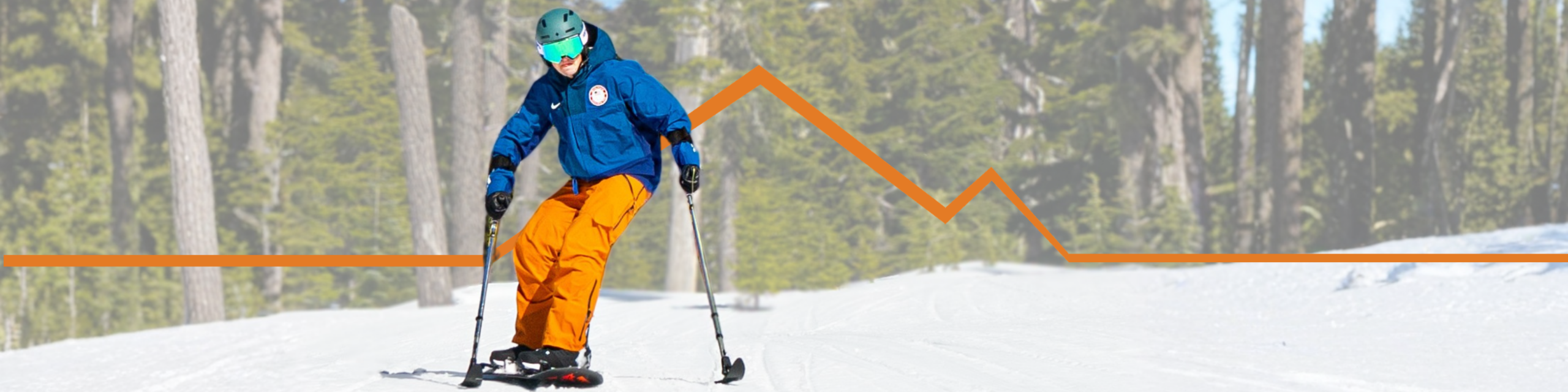 A skier uses outriggers while making a turn on a groomed snow trail. Tall pine trees line the snowy landscape behind them, and an orange trail graphic runs across the image.