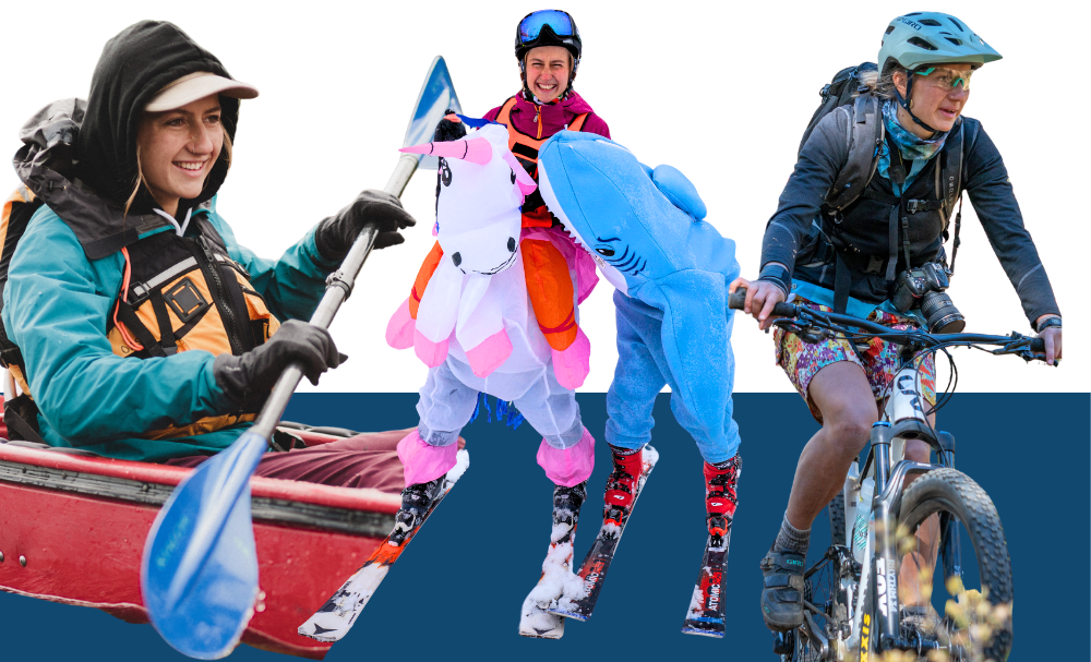 Kellie Standish participates in three outdoor activities. On the left, Kellie smiles while paddling a red kayak, wearing a P-F-D. In the center, Kellie stands on skis in the snow wearing a bright pink jacket under an inflatable unicorn costume, standing next to a person dressed as a shark. On the right, Kellie rides a mountain bike while wearing a helmet, glasses, and a backpack. A dark blue band runs across the bottom of the image.