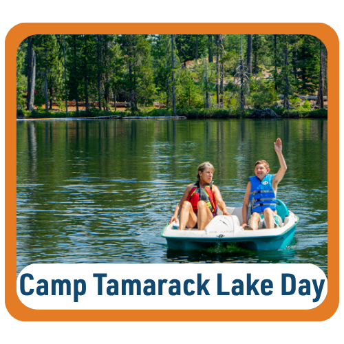 Graphic with text reading “Camp Tamarack Lake Day.” Two people ride a paddle boat across a lake. One wears a blue P-F-D and waves toward the camera while the other wears a red P-F-D. Evergreen trees line the opposite shore.
