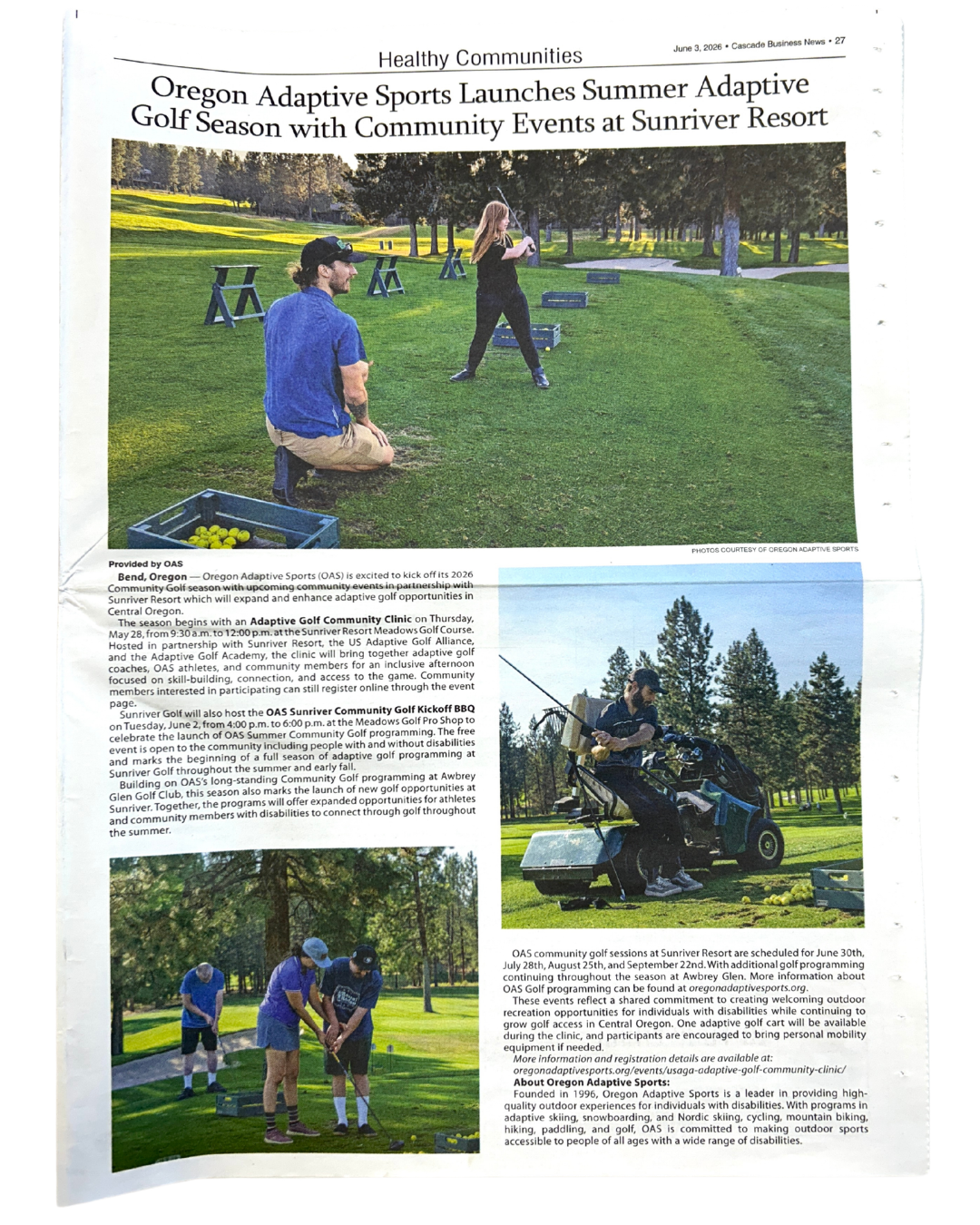 A newspaper page features an article about O-A-S's adaptive golf program with three color photographs from a golf course. Visible text: Healthy Communities Oregon Adaptive Sports Launches Summer Adaptive Golf Season with Community Events at Sunriver Resort The page includes an article describing O-A-S's adaptive golf community clinics and summer golf programming, along with information about upcoming events and registration. Three accompanying photos show people participating in adaptive golf instruction and using adaptive golf equipment on the course. The article concludes with a brief overview of Oregon Adaptive Sports and its mission.