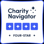 a white badge with black background. Text "charity navigator, four star" with four blue stars across